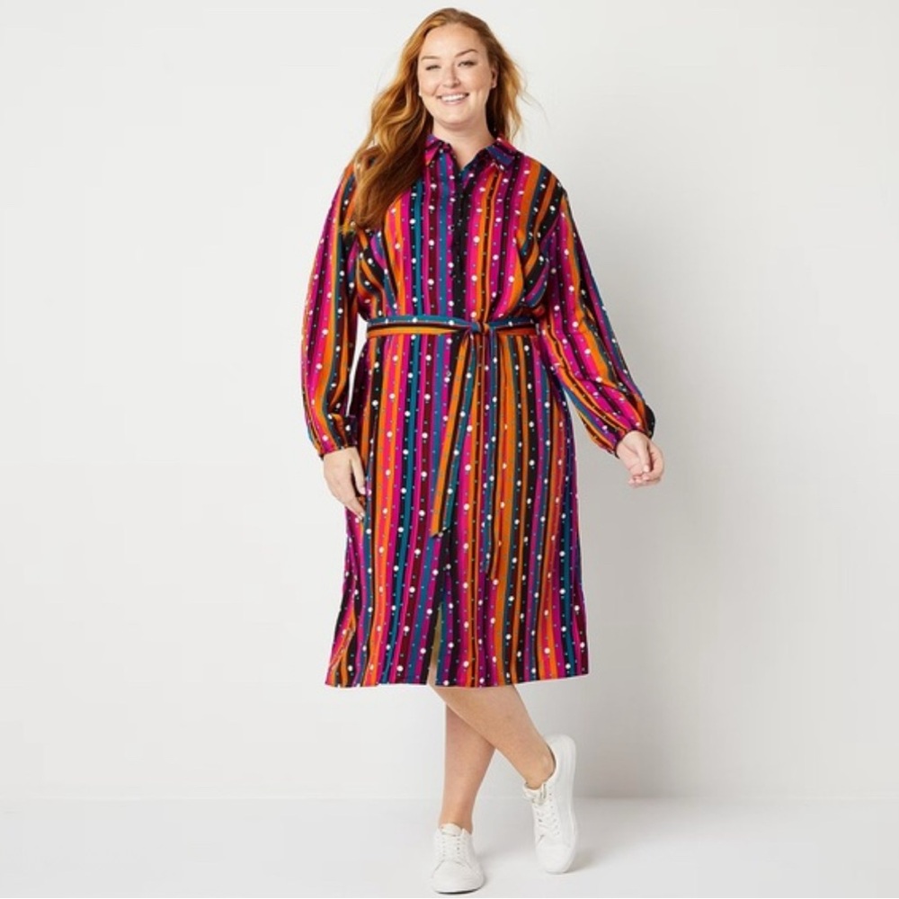 NEW Abbott Elementary Long Sleeve Button Up Belted Printed Midi Dress L $69